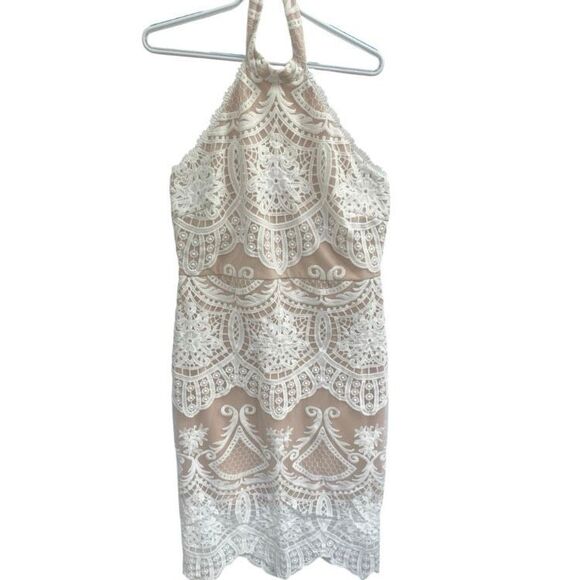 Lulus XL Beige Nude Halter Dress White Lace Overlay Bodycon Cocktail Party Midi - Picture 2 of 7